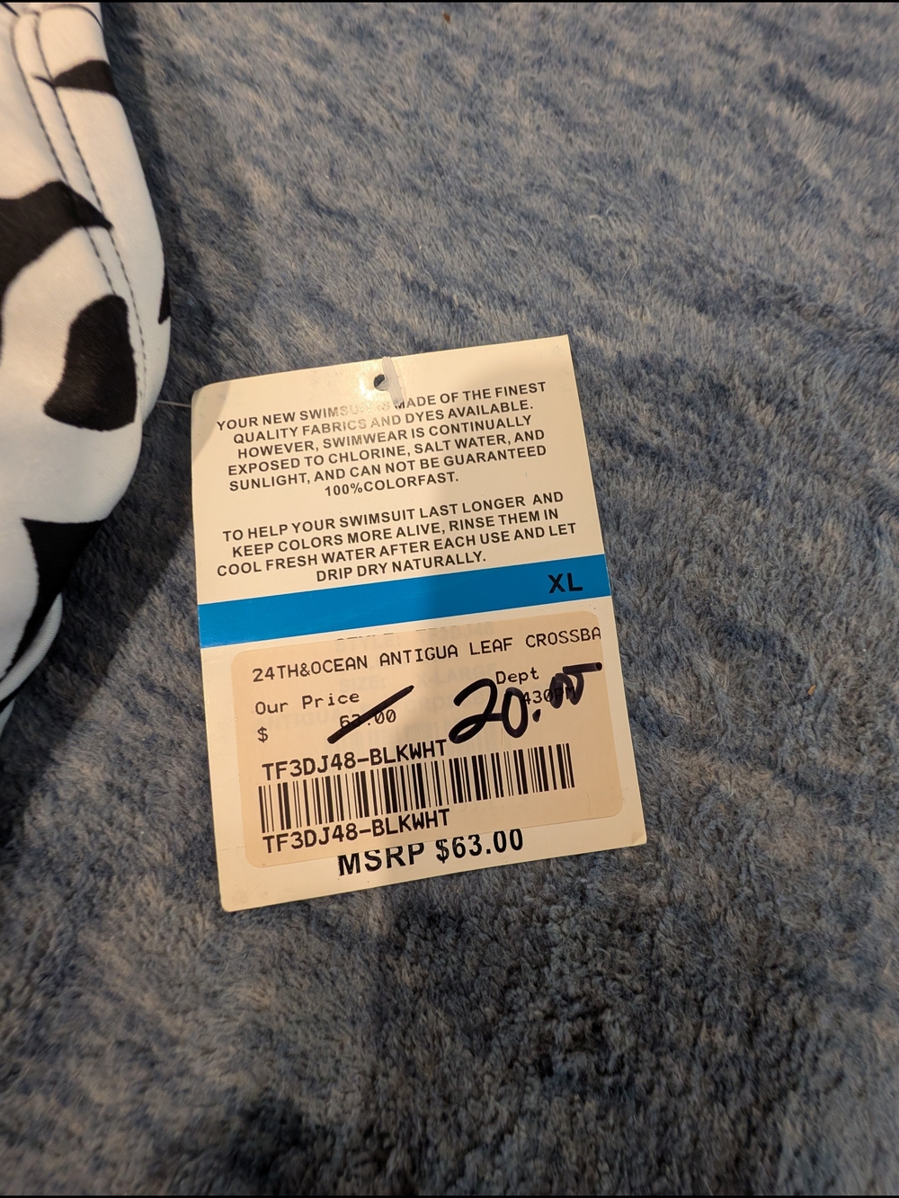 NWT 24th & Ocean XL Black and White Leaf-Print Crossback Bikini Top - Picture 3 of 5